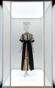 The late designer Frankie Welch, who was of Cherokee heritage, incorporated Cherokee syllabary into the print of this 1970's dress.