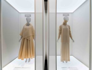 A 1962 Anne Fogarty evening ensemble and a Halston design from the 1970s.