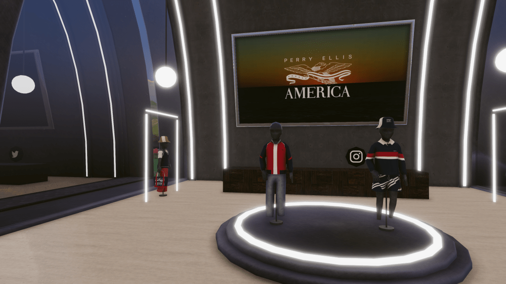 Perry Ellis America offers an assortment of wearables that visitors can pick up for free and immediately use to dress their avatars.