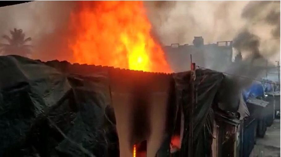 An early morning blaze reported by local residents tears through a denim-producing garment factory outside of Mumbai in India.