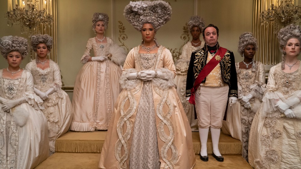 Bridgerton. (L to R) Golda Rosheuvel as Queen Charlotte, Hugh Sachs as Brimsley in episode 201 of Bridgerton. Cr. Liam Daniel/Netflix © 2022