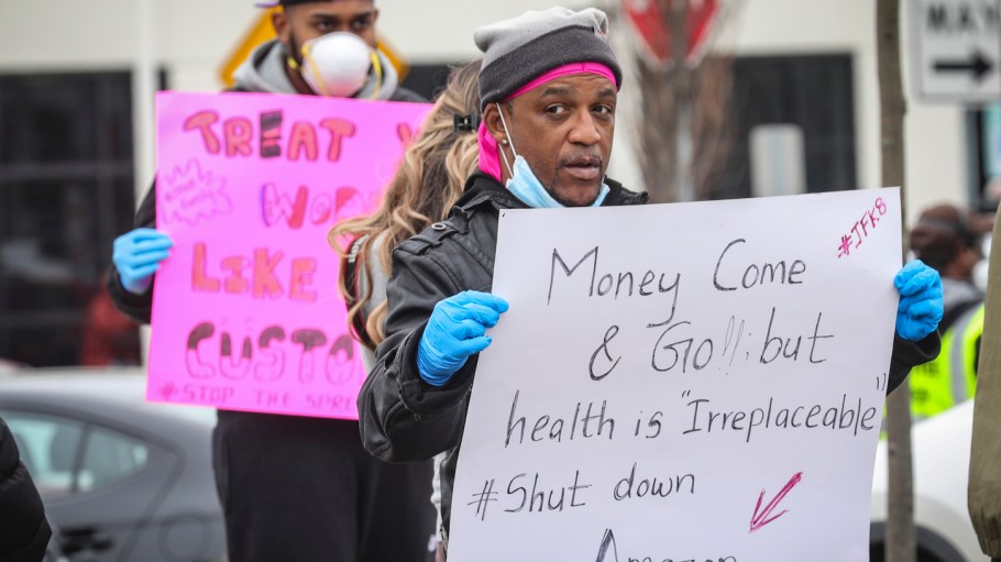 Gerald Bryson, seen in the foreground, helped lead the March 30 protest at Amazon's "JFK8" fulfillment center in Staten Island, N.Y.