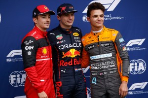 Charles Leclerc, Max Verstappen, and Lando Norris during the qualifying session for Emilia Romagna Formula One Grand Prix, at the Dino and Enzo Ferrari racetrack in Imola, Italy, April 22, 2022.