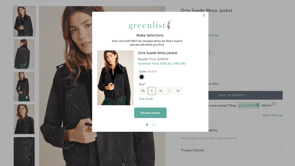 A shopping pop-up window shows a suede moto jacket at a slight discount if customer adds the item to their greenlist.