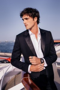 Jacob Elordi wearing the latest Monaco watch in black titanium and rose gold hands.