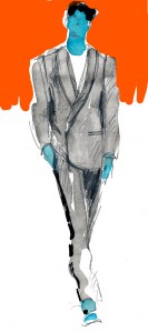 Dior Homme: Black shawl collar oblique tuxedo jacket in technical cotton moiré taffeta with a detachable drape-effect scarf. Black technical coten moiré taffeta high-waist pants with satin side inserts.
