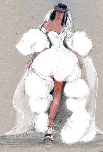 Off-White: White silk taffeta moiré with voluminous sleeves. The front part of the skirt is raised to evoke the gesture of a girl pulling up her skirt to dance at a party. Virgl Abloh imagined that the bride wearing this dress would change out of her heels into a pair of fur lapin flats. Her lace veil is draped over a blue baseball cap with the word “BABE” embroidered on the front and “1st is for love” on the back. The look is accessorized with a cigarette case.