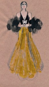 Gucci: Gold multicolor cady lamé spaghetti strap gown with all-over plissé long skirt with removable Black feather muffs.