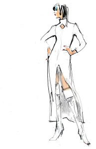 Courreges: Open-back dress with diamond neck.