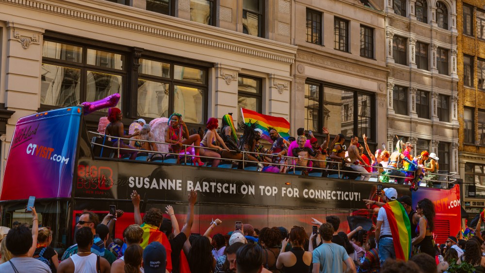 The Bartschland-inspired bus in motion in the NYC Pride March.