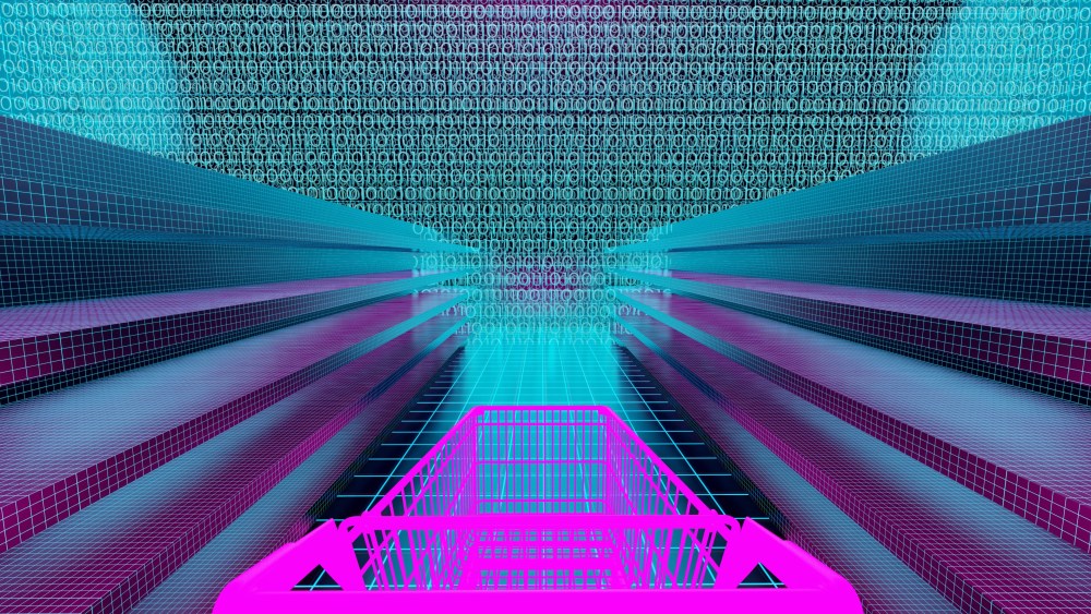 Metaverse based shop concept. Metaphor for shopping in metaverse space. 3d render of purple shopping cart standing in the aisle