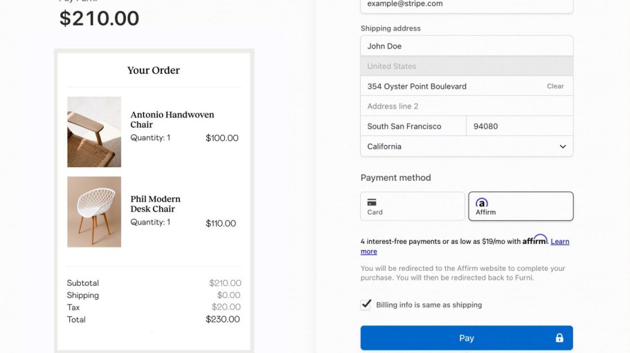 Seen here, Affirm is bringing its Adaptive Checkout feature to Stripe retail customers as part of the payments giants' tie-up.