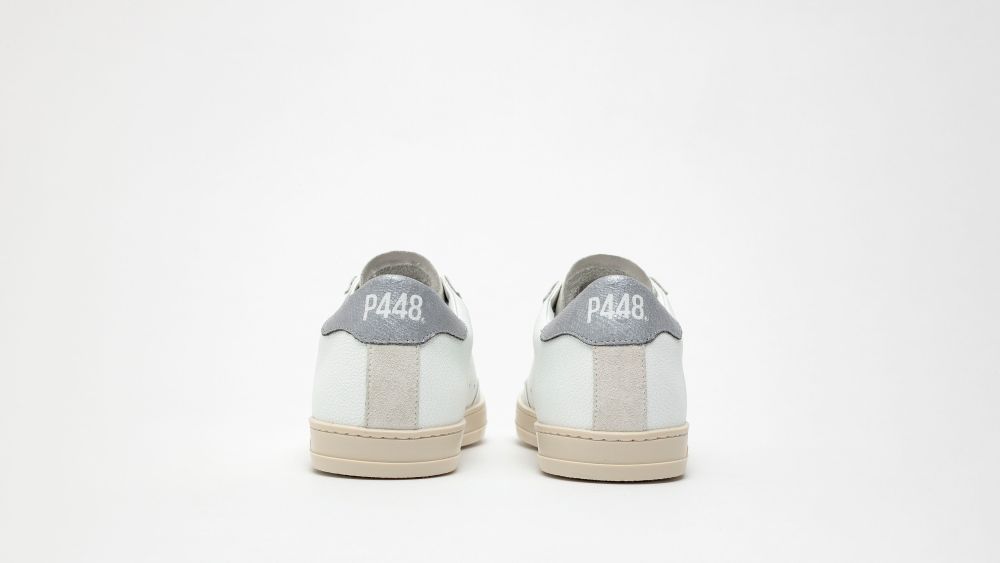 The back of a P448 white sneaker is accented in silver lion fish material from Inversa Leathers.