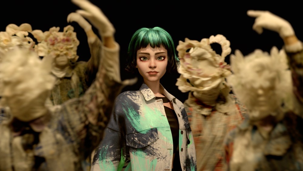 An image of LG AI Research AI designer Tilda who has green hair and is wearing a denim jacket with a digitally upcycled graphic on it