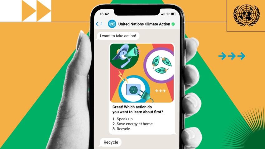 A screen grab of the United Nations and WhatsApp automated messaging on sustainability information.