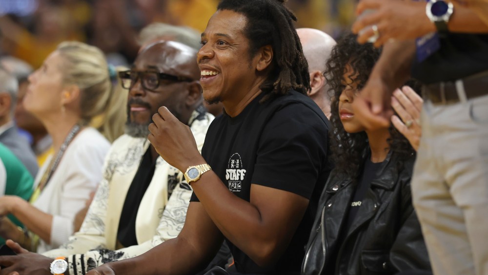 Jay-Z watches during the first half of Game 5 of basketball's NBA Finals between the Golden State Warriors and the Boston Celtics in San Francisco, Monday, June 13, 2022. (AP Photo/Jed Jacobsohn)