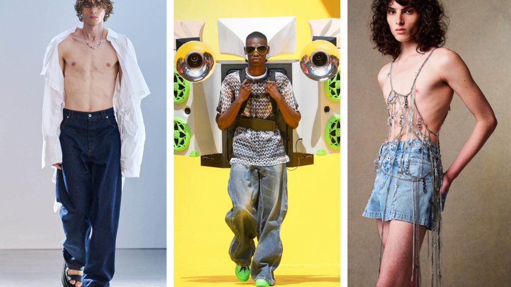 Double denim, jean shorts and loose fits top S/S '23 trends at men's fashion week.