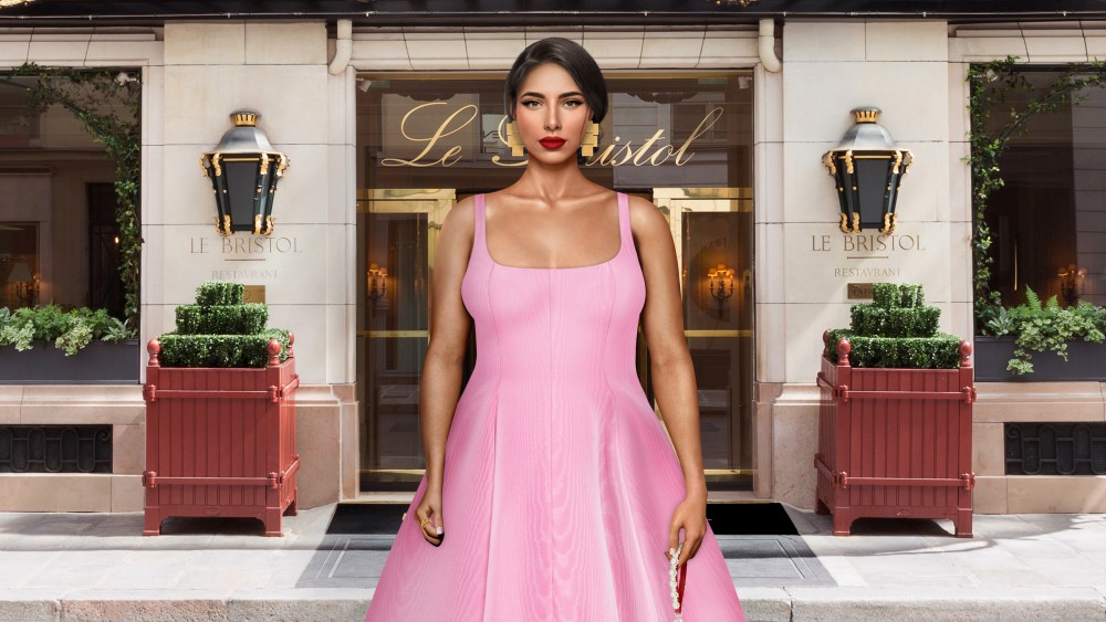 A mock up of a virtual avatar in front of Le Bristol Paris on the fashion gaming Drest.