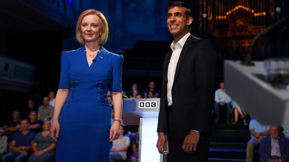 Rishi Sunak and Liz Truss take part in the BBC Leadership debate at Victoria Hall on July 25 in Hanley, England.