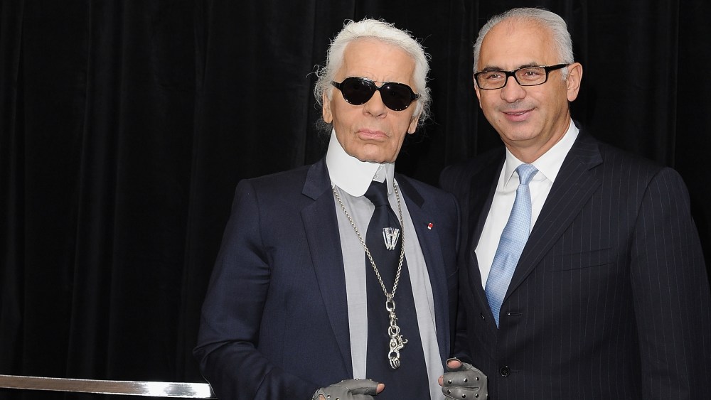 PARIS, FRANCE - NOVEMBER 09:  Karl Lagerfeld and Paolo De Cesare (R) attend the Launch of the Christmas Illuminations at Le Printemps on November 9, 2011 in Paris, France.  (Photo by Pascal Le Segretain/Getty Images)