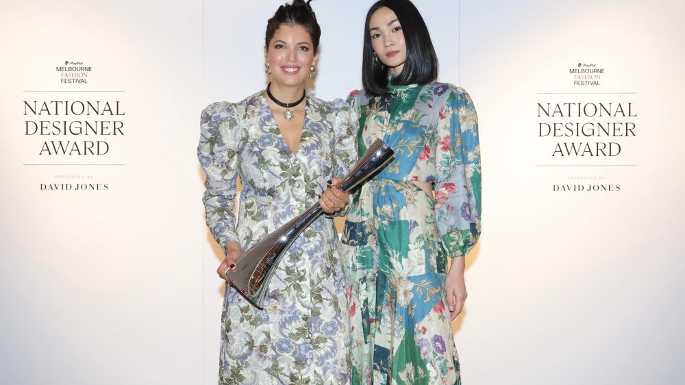National Designer Award winner Lesleigh Jermanus, left, and a model in one of her designs at the awards announcement at David Jones, Melbourne, July 27.