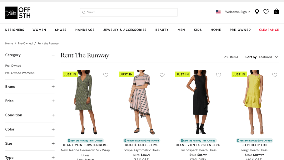 Rent the Runway's dedicated page on the Saks Off Fifth website.