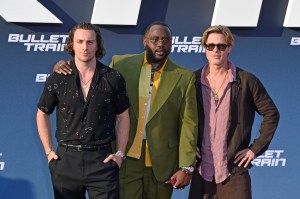 BERLIN, GERMANY - JULY 19: Aaron Taylor-Johnson, Brian Tyree Henry and Brad Pitt attend the "Bullet Train" premiere at Zoo Palast on July 19, 2022 in Berlin, Germany. (Photo by Tristar Media/WireImage)