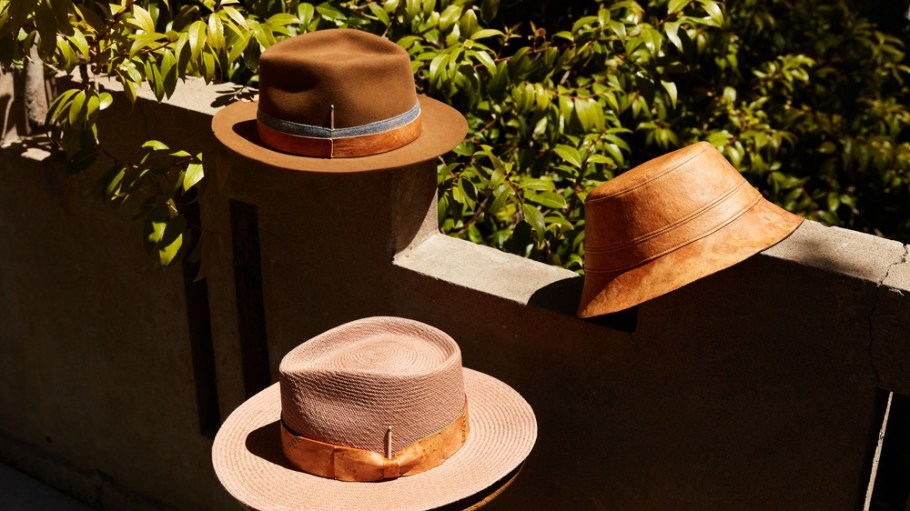MycoWorks Reishi collection hats. After years of research and development, alternative leathers made from mushroom mycelium are making a commercial splash in fashion.