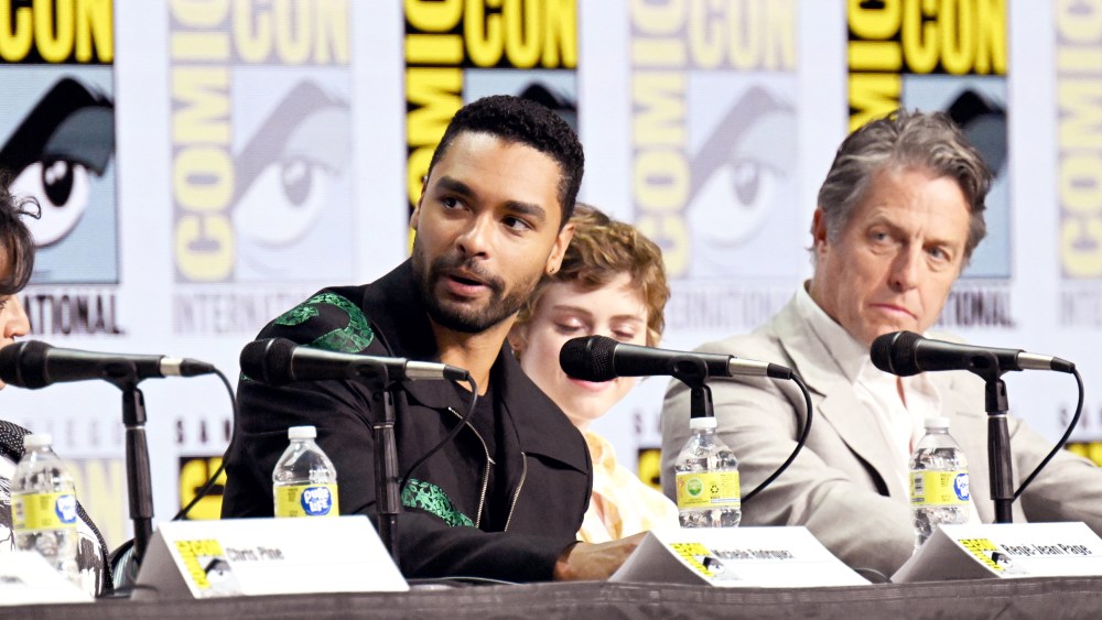 Regé-Jean Page, Sophia Lillis, and Hugh Grant attend the Dungeons and Dragons panel in Hall H at the 2022 Comic-Con International held at the San Diego Convention Center on July 21, 2022 in San Diego, California.  (Photo by Michael Buckner/Variety via Getty Images)