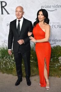 Lauren Sanchez, Jeff Bezos, red dress, one shoulder dress, crystal sandals, heeled sandals, sparkly sandals, Lord of the Rings, Amazon, red carpet