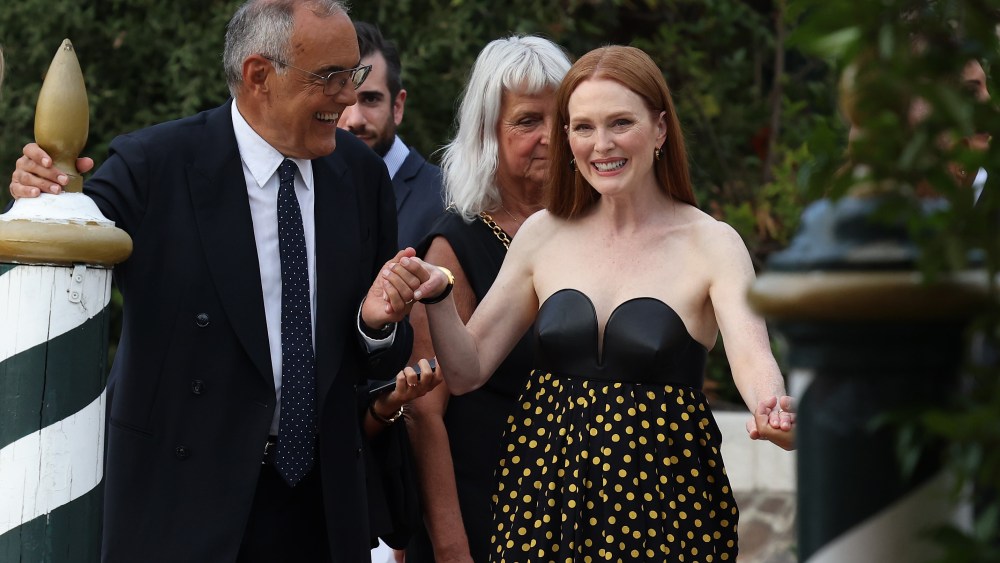 Alberto Barbera and Julianne Moore are seen ahead of the 79th Venice International Film Festival on Aug. 30, 2022 in Venice, Italy.