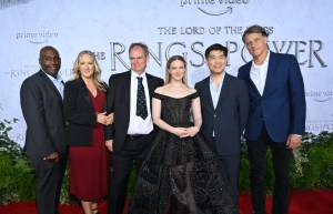 Vernon Sanders, Jennifer Salke, Simon Tolkien, Morfydd Clark, Albert Cheng and Jeff Blackburn arrive at the Los Angeles premiere of the Prime Video series "Lord of the Rings: The Rings of Power" held at The Culver Studios on August 15, 2022 in Los Angeles, California