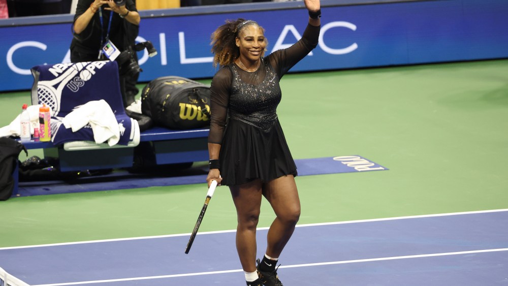 Serena Williams during day one of the US Open 2022, nike outfit and shoes with crystals and diamonds