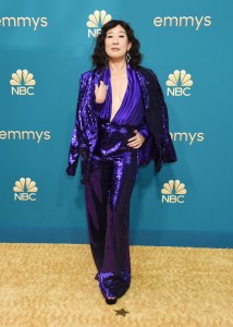 Sandra Oh on the 2022 Emmy Awards red carpet.