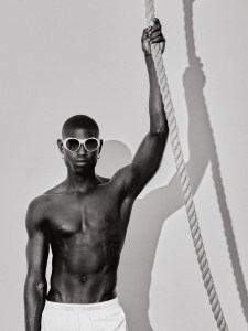 Moncler’s Steradian optic white sunglasses; Ten Thousand Things gray polyester shorts.