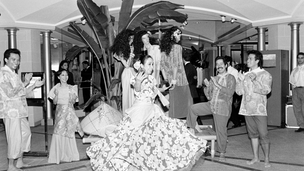 A Philippino folk dance troupe entertains guests during Bloomingdale's "Return to India" promotion and party at the New York City flagship store on April 9, 1986.