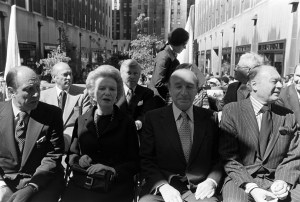 Saks Fifth Avenue's chariman Allan Johnson sits with designers Mollie Parnis, Abe Schrader and Jerry Silverman and guest during the Fifth Avenue Fashion Fair, 1972.