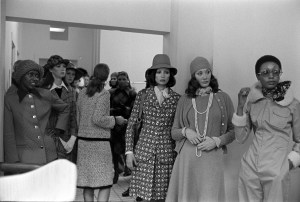 Model Bethann Hardison and other models backstage before the Fifth Avenue Fashion Fair, fashion show, 1972.
