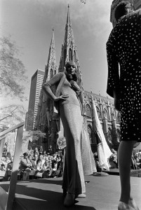 Models in the Fifth Avenue Fashion Fair, fashion show on 5th Ave, New York. St.Patrick's Cathedral shown in the background, 1972.