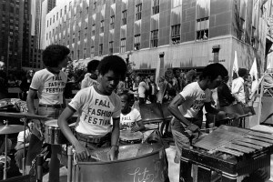 Local entertainment at Rockefeller Center Plaza during the Fifth Avenue Fashion Fair, 1972.