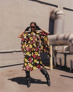 Balenciaga’s hand-stitched dress and leather boots. Celine sunglasses; Vex latex gloves; Alexander McQueen earrings.