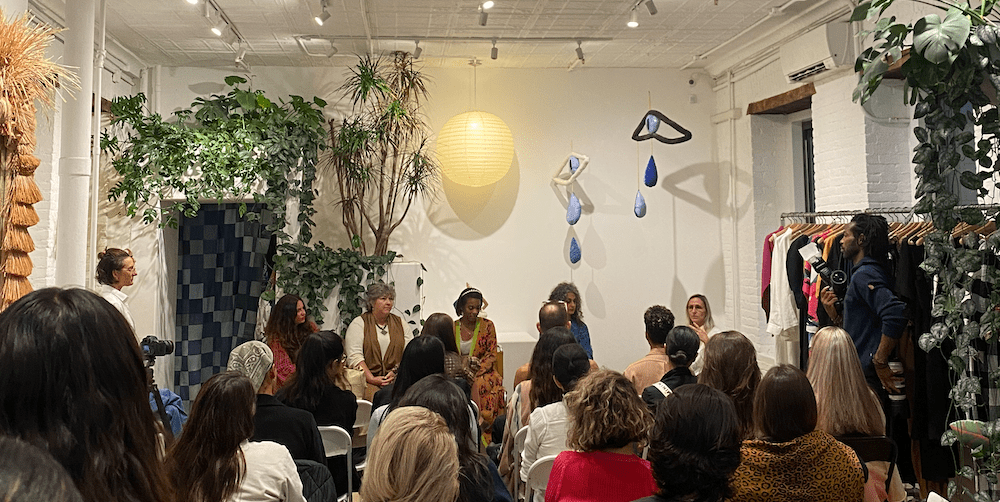 A full house gathered in Mara Hoffman's Lafayette Street store. From left: Liz Alessi, a Coach brand and sustainability consultant; Stacie Chavez, president of Imperial Yarn; Chantelle Davis, founder of label Boe Davis; Laura Sansone, creator of New York Textile Lab, and Dana Davis, Mara Hoffman's vice president of sustainability.