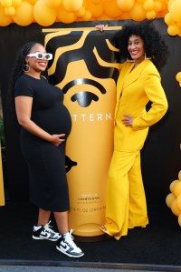 Tracee Ellis Ross, Pattern Beauty, Sephora, Lafayette 148, suit, double-breasted suit, buttoned suit, yellow suit, golden suit, Gia Borghini, mules, heeled mules, block heel mules, slip on mules, linen mules, yellow mules, gold mules, square toe mules, red carpet
