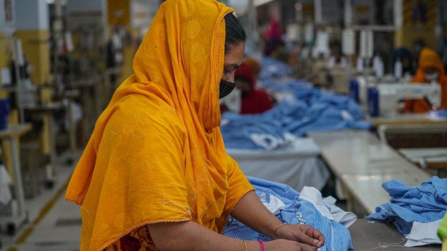 A garment worker in Dhaka, Bangladesh.