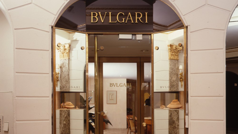 The entrance door of the BULGARI store inside the Hotel Pierre.