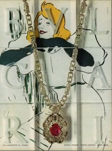 Sautoir in gold with ruby and diamonds, ca. 1973. Advertising campaign BVLGARI Inscriptions on various background, 1970-1978.