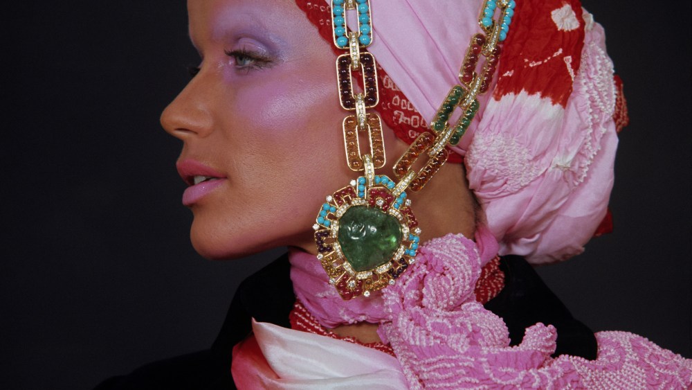 Veruschka Von Lehndorff wears convertible sautoir-bracelets in gold with emeralds, rubies, amethysts, turquoises, citrines and diamonds, ca. 1969 from BVLGARI Heritage Collection.