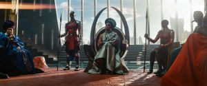 Dorothy Steel as Merchant Tribe Elder, Florence Kasumba as Ayo, Angela Bassett as Ramonda, Danai Gurira as Okoye in Marvel Studios' Black Panther: Wakanda Forever.