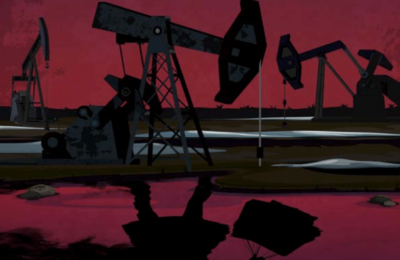 Cranes fracking with shadow of woman shopping