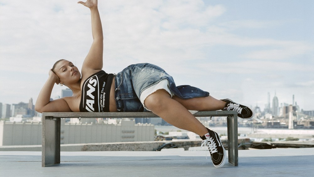 vans model on bench denim mini skirt